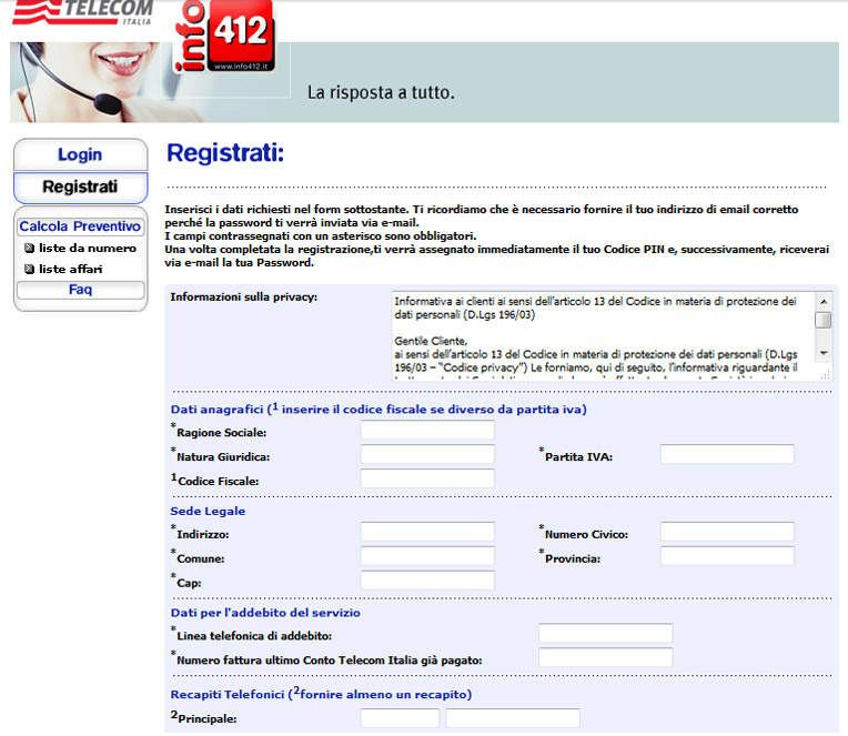 Form di registrazione sul Portale