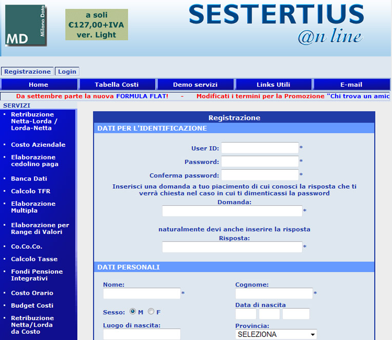 Form di registrazione sul Portale